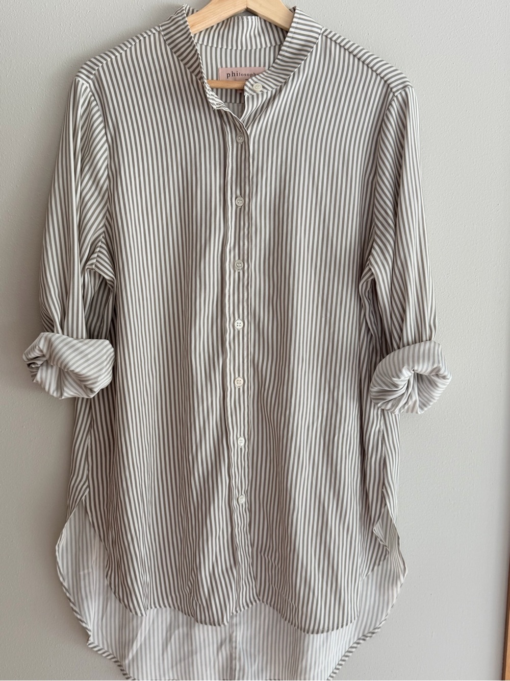 Gray & White Striped Button-Up Dress Shirt Dress, Philosophy size L